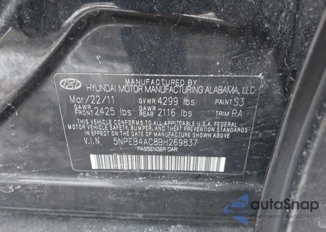 2011 Hyundai Sonata Gls z USA, uszkodzony, nr VIN 5NPEB4AC8BH269837